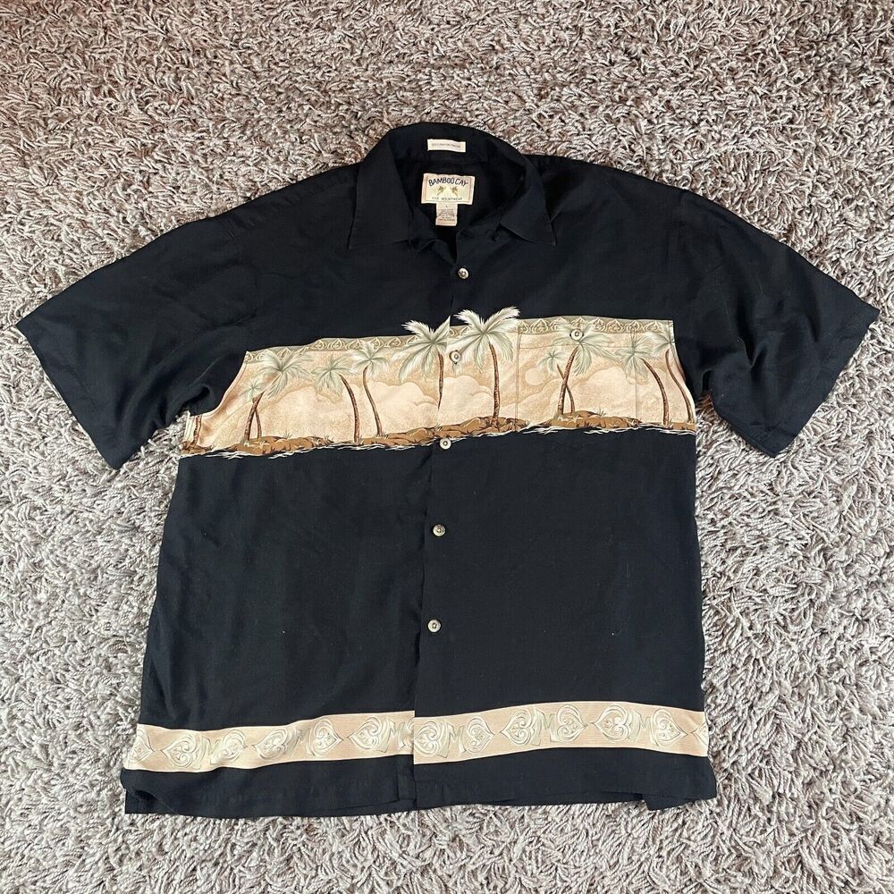 Bamboo Cay Shirt Mens Large L Black Button Up Beach Hawaiian Palm Tree Surf Logo